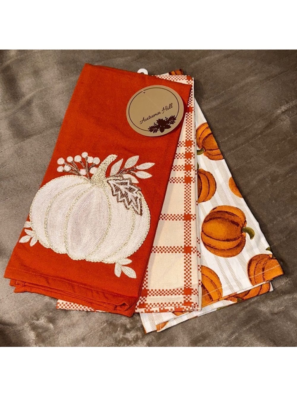 Autumn Hill Rust White Orange Set of 3 Cotton Fall Harvest Kitchen Towels